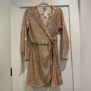 NWT H&M gold sequin wrap dress